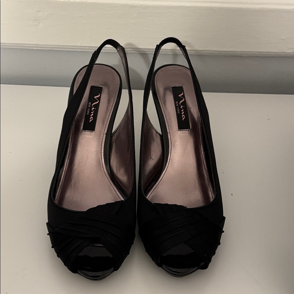 Nina New York Black Satin Peep-Toe Sling-Back Heels